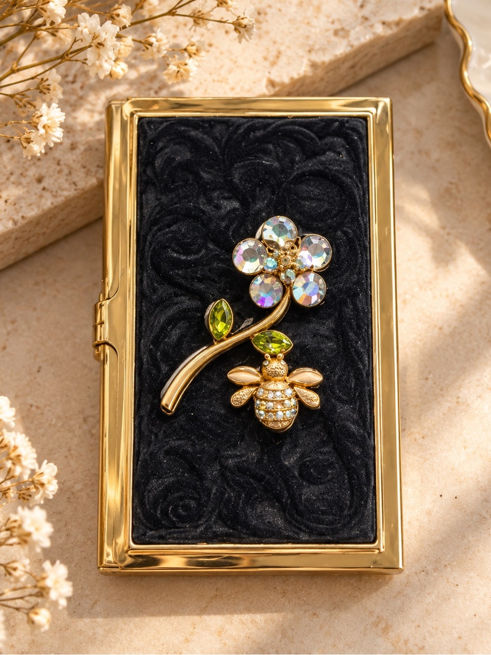 Gold Bee & Crystal Flower Cigarette Case